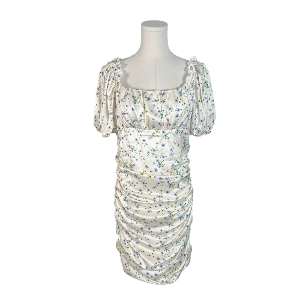 70/21 Satin Off White Floral Ruched Puff Short Sleeve Dress Size Medium